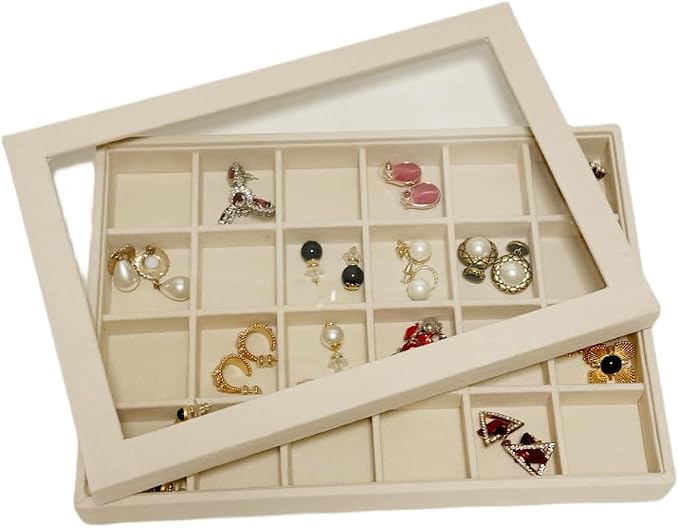 See-Through Transparent Top Lid for Beige Velvet Jewelry Organization Trays