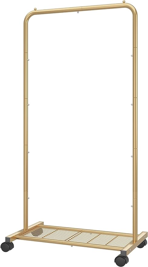 Simple Trending Clothes Garment Rack, Clothing Rack, Golden Yellow | Commercial Portable Closet with Mesh Storage Shelf, Anti-Slip Stoppers, 360° Wheels, Bedroom, Laundry Room