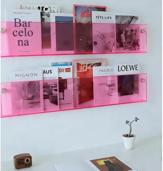 ROYALITA 2-Pack Acrylic Magazine Holder Brochure Holder, Pink 36 Inch | Record Magazine Rack, Fashion Floating Bookshelf, Literature Storage Rack for Waiting Room, Living Room, Office