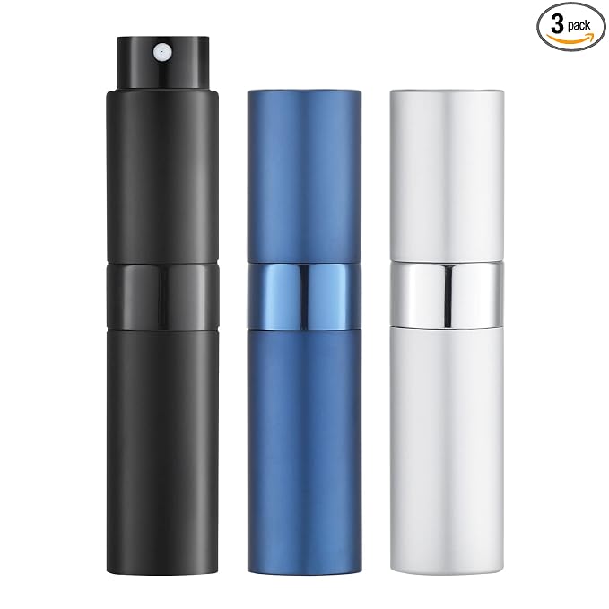 LISAPACK 8ML Atomizer Perfume Spray Bottle for Travel (3 PCS) Empty Cologne Dispenser, Portable Sprayer (Black, Silver, Blue)