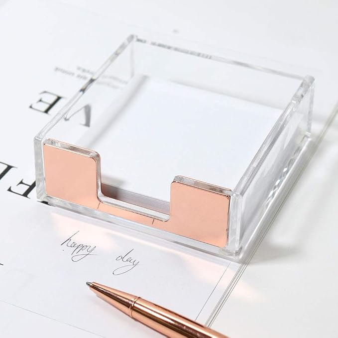 MultiBey Rose Gold Sticky Note Holder Clear Acrylic Memo Pad Dispenser | Clear Desk Supplies Organizer Accessories Post Note Pad Dispenser for Office Home Schools (Rose Gold)