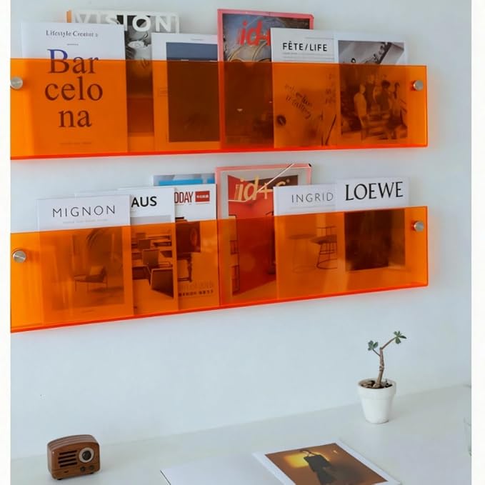 ROYALITA 2-Pack Acrylic Magazine Holder Brochure Holder, Orange 36 Inch | Record Magazine Rack, Fashion Floating Bookshelf, Literature Storage Rack for Waiting Room, Living Room, Office
