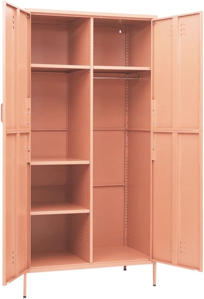 70.9" Tall Metal Wardrobe Cabinet, Steel Clothing Cabinet Storage Cabinets with 2 Doors, 4 Adjustable Shelves and Hanging Rod for Living Room, Bathroom, Office, Garage 35.4"x19.7"x70.9" Pink -AA