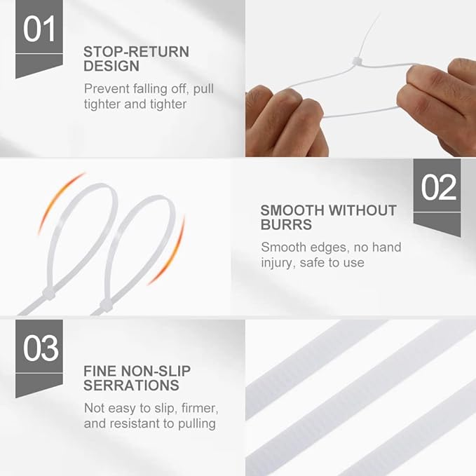 Clear Zip Ties Heavy Duty 8 Inch(100 Pack), 50lb, White Cable Ties, Zipties | Made of Premium Plastic Nylon, UV Resistant & Weatherproof, Ideal for Indoor & Outdoor Wire Ties & Electrical Cord Management
