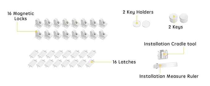 Vmaisi Child Safety Magnetic Cabinet Locks Baby Proofing 16 Locks & 2 Keys | Children Proof Baby Locks - Adhesive or Screws Fixed for Cabinets and Drawers Protection