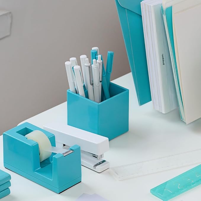 Poppin Pen Holder with 2 Compartments - Sturdy Plastic Pen Cup, Lacquer-like Finish, Writing Instrument Organizer, Coordinating Office Desk Accessories (Aqua)