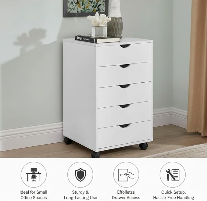 Naomi Home 5-Drawer Rolling Chest, White, Smart Storage with Metal Slide Glides & Smooth Wheels, Compact Space-Saver, Easy Assembly, Durable Engineered Wood