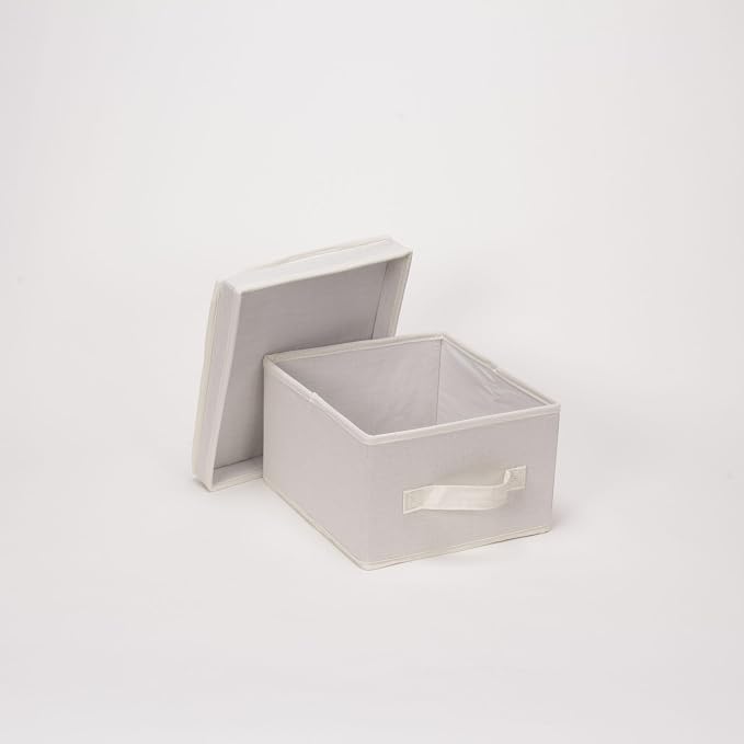 Household Essentials 111 Storage Box with Lid and Handle - Natural Beige Canvas - Medium,Natural Trim