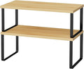 OGEMXU Cabinet Shelf Organizers, 15.7 inches Large Kitchen Counter Shelf, Set of 2 Wood Kitchen Pantry Organizer, Storage Shelves for Countertop, Spice Rack, Stackable, Expandable, Metal Black, Nature