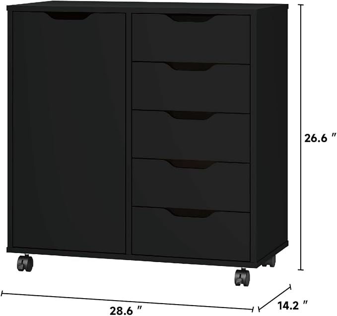 Panana 5-Drawer Chest with 1 Door, Wooden Chest of Drawers Storage Dresser Cabinet with Wheels, Office Organization and Storage, Bedroom Furniture (Black-S)