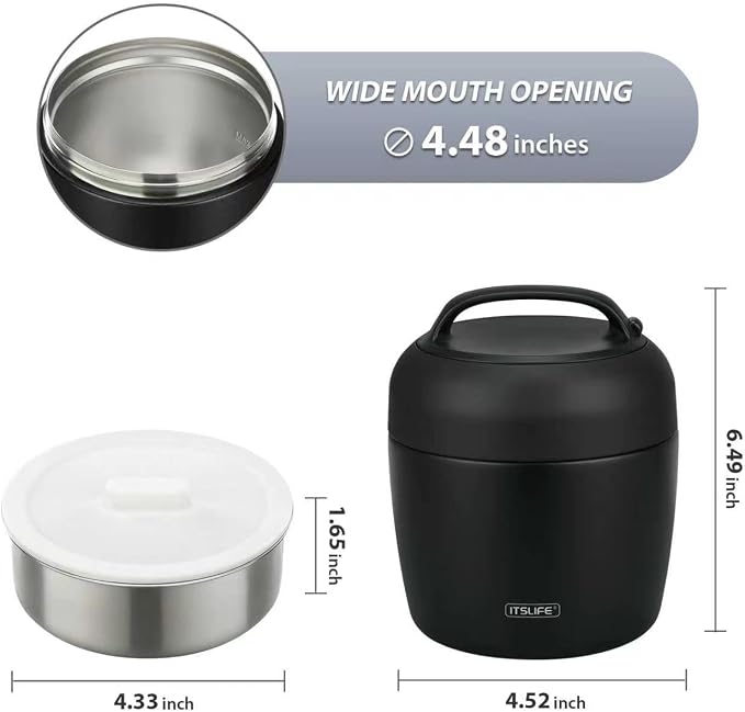 Thermo Food Jar for Hot Food Adults 32OZ Soup Thermo Lunch Containers Wide Mouth Vacuum Insulated Stainless Steel Leakproof Bento Box with Spoon (NEW-BLACK)