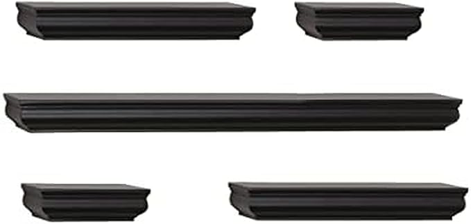 MELANNCO Floating Shelves for Wall Set of 5 - Black MDF Wall Shelves, 2 of 6 in, 2 of 12 in, 1 of 24 in, Multifunctional Room Decor Shelf with Hardware Included