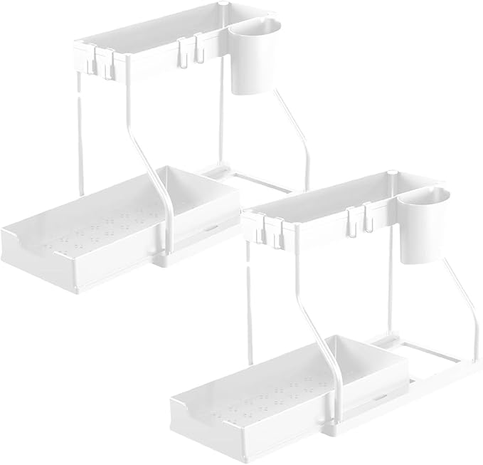 Under Sink Organizers and Storage, 2-Tier Sliding Cabinet Basket Organizer with Hooks, Multi-Purpose Under Sink Organizers and Storage for Bathroom Kitchen (White, 1 PC)