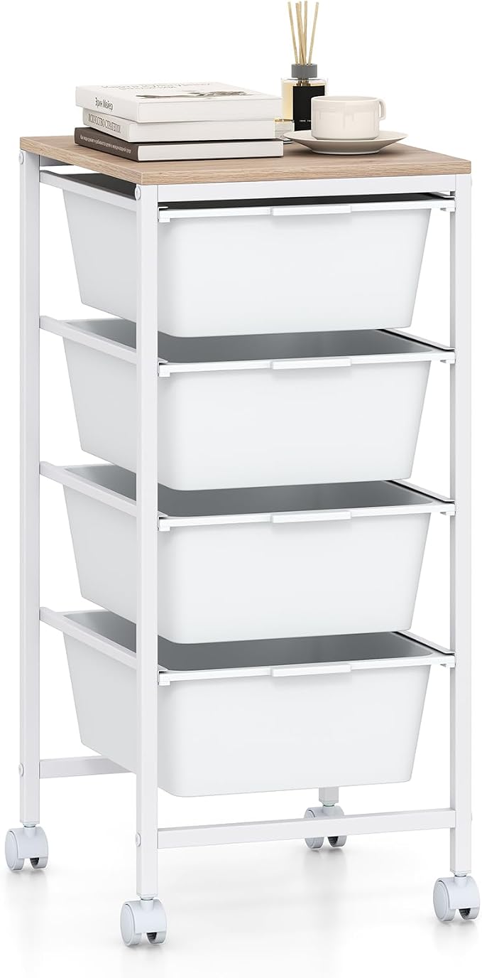 GOFLAME 4-Drawer Rolling Storage Cart, Craft Storage Cart with Wooden Tabletop and Lockable Wheels, Art Cart Supply Storage Organizer with Metal Frame for Home Office Classroom, White