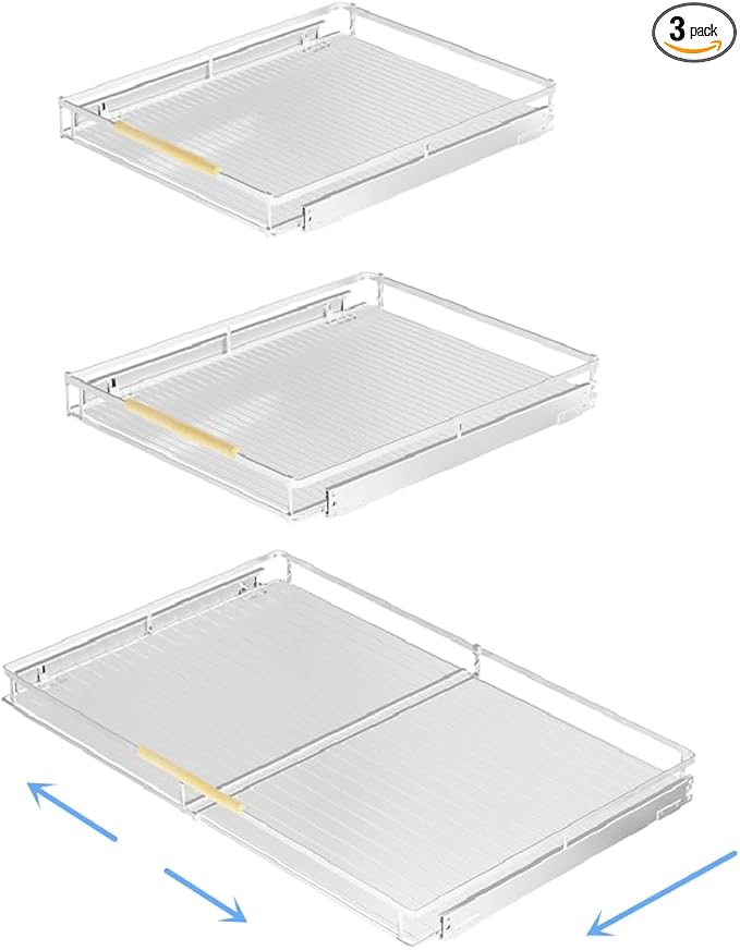 Expandable Pull Out Drawer 3Pack, Kitchen Cabinet Organizer Bottom-Mounted Slide Out Storage Shelves, 14.86''-25.86''W x 22.5''D
