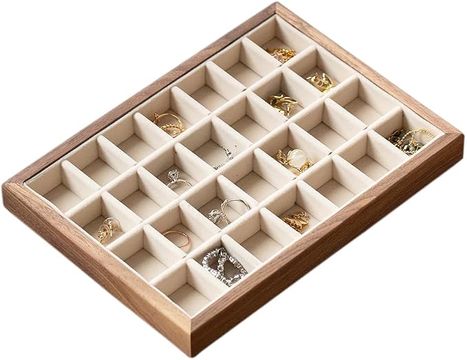 28-Grid Black Walnut Wooden Jewelry Tray with Velvet Lining, Premium Jewelry Display Tray for Earrings and Rings, Drawer Organizer Display Tray for Women's Jewelry Collection