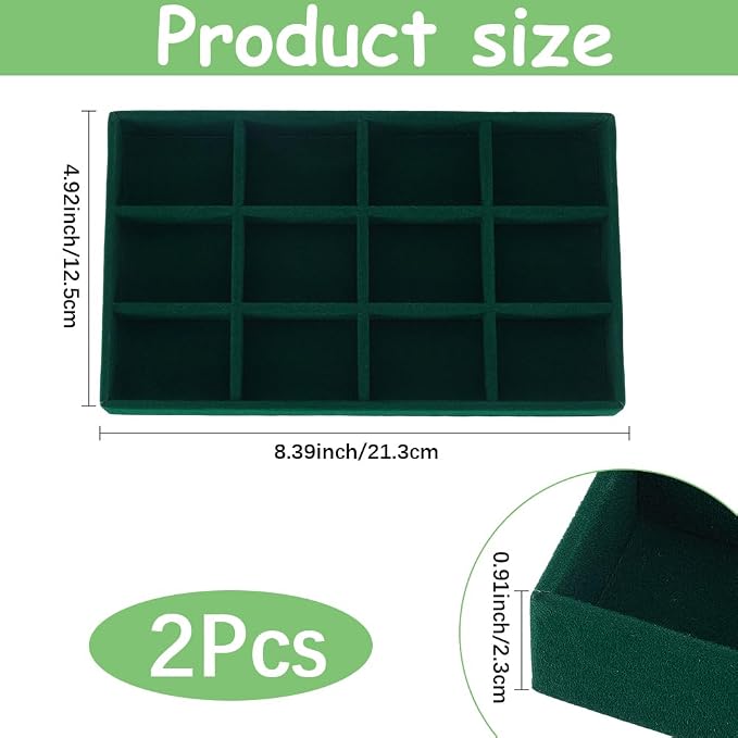 2Pcs Velvet Jewelry Display Trays Stackable Jewelry Organizer Tray Green Bulk 12 Girds Stylish Organizer Trays for Ring Earring Holder Necklace Bracelet Storage Display Dish Women Adults
