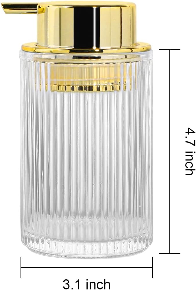 Foaming Soap Dispenser, Bathroom Clear Glass Foam Soap Dispenser, Refillable 12 Oz Foam Pump Bottle Container with Gold Pump, Decorative Slim Ribbed Dish Soap Dispenser for Kitchen
