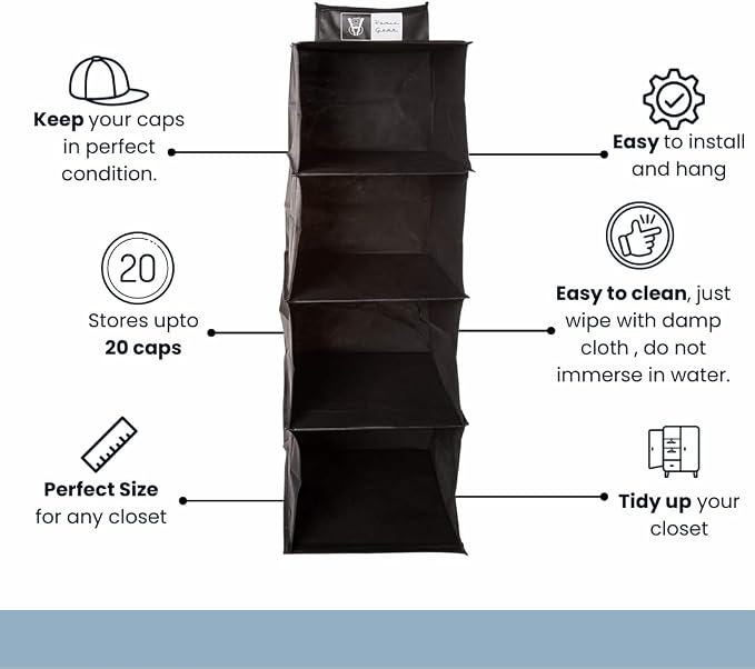 Homiegear Wall Hanging Organizer, 4 Storage Case Racks - Closets Organization Storage System for Caps, Wallet, Shoes, Towel, Goggles, Scarves, Belt & More for Closets Items - (Black)