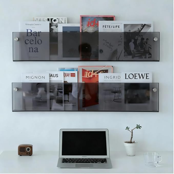ROYALITA 2-Pack Acrylic Magazine Holder Brochure Holder, Gray 36 Inch | Record Magazine Rack, Fashion Floating Bookshelf, Literature Storage Rack for Waiting Room, Living Room, Office