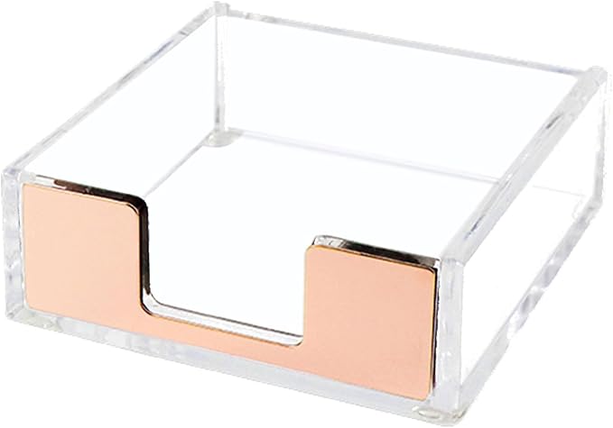 NatSumeBasics Rose Gold Clear Acrylic Sticky Note Holder, Desktop Memo Cube Holder Note Pad Dispenser, Aesthetic Desk & Office Accessories