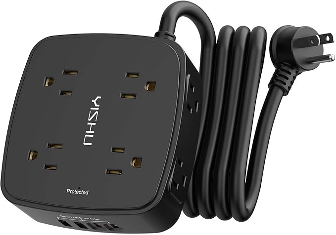 6 Ft Surge Protector Power Strip - 8 Widely Outlets with 4 USB Ports, 3 Side Outlet Extender with 6 Feet Extension Cord, Flat Plug, Wall Mount, Desk USB Charging Station, ETL,Black