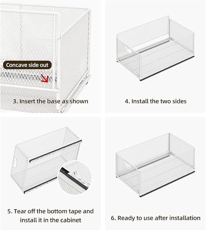 GC Sliding Cabinet Basket Organizer Drawer Self Adhesive Slide out Pantry Shelves Heavy Duty Carbon Steel Slide Cabinet Storage Basket with Handle for Bathroom Kitchen