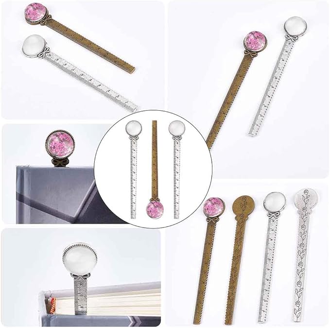 SUNNYCLUE 12Pcs DIY 6 Sets Antique Bronze Bookmark Silver Ruler Bookmarks Set Colorful Dried Flowers Glass Flat Back Cabochons Bookmark Blanks Bezel Tray Vintage Book Marks Making Kit for Reading
