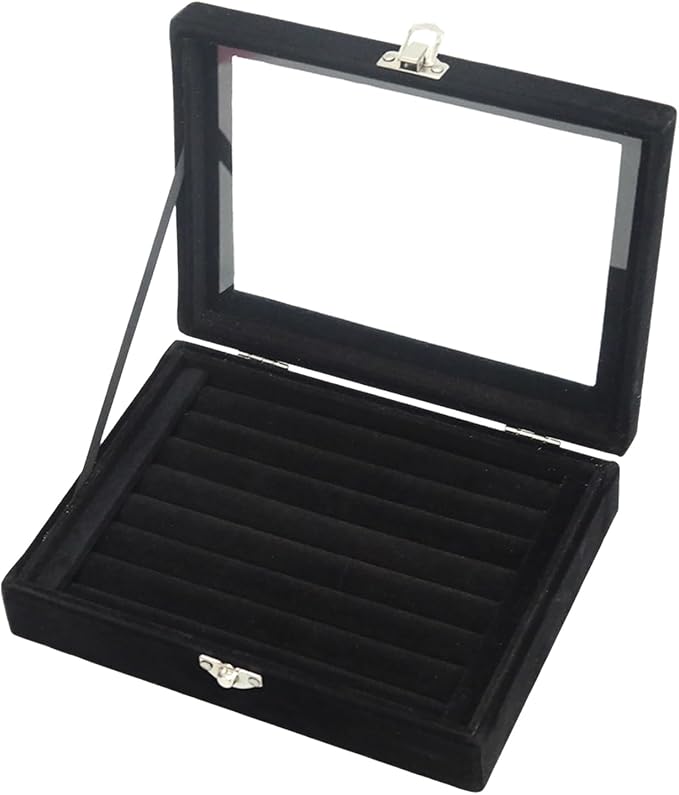 Small Velvet Jewelry Tray with Clear Lid, Lockable Ring Earring Holder Organizer Storage Box Case Jewelry Box Organizer for Rings Earrings Bracelets Brooches, 8 Rolls Black