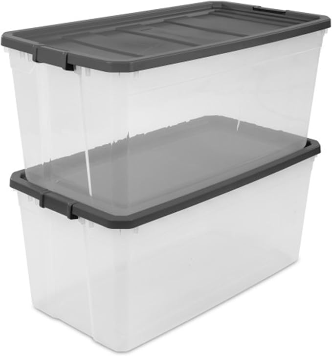Sterilite 3-Pack Modular Stacker Box, Durable Clear Plastic Storage Bins with Latching Lids, 200 Quart - Stackable Organizing Container Boxes for Closet, Bathroom, and Office
