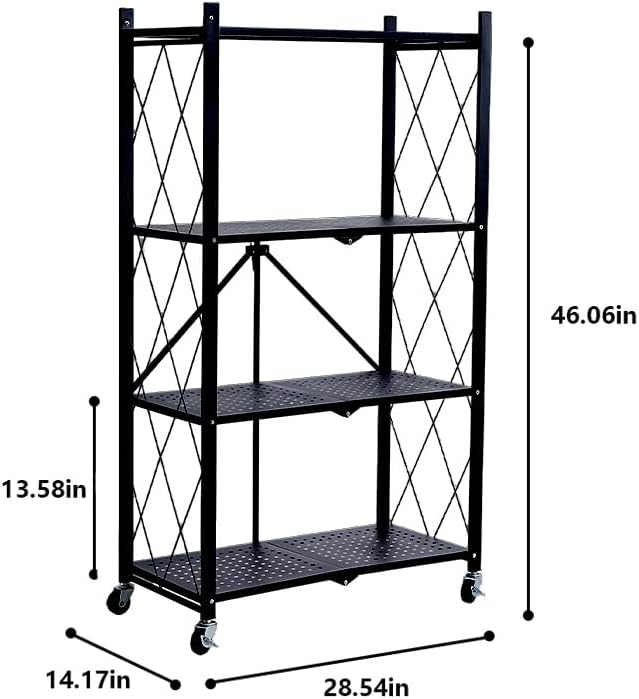 4 Tier Foldable Storage Shelves with Locking Wheels, Assembled Rolling Shelving for Kitchen, Pantry, Closet & Laundry Room, Space-Saving Organizer, 28.5" L x 14.2" W x 46.1" H
