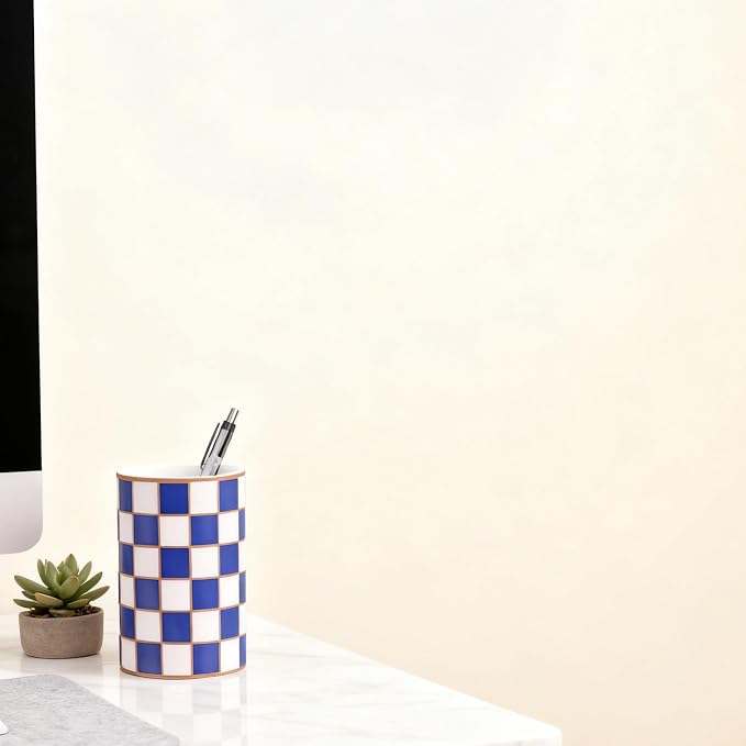 Ceramic Checkered Pen Holder For Desk,Cute Stand Black And White Pencil Cup,Durable Ceramic Pencil Cup, Decorative Makeup Brush Holder Cup, Stationery Holder for Office, School, Home (Blue)