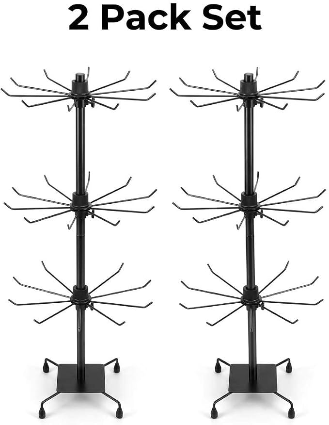 QWORK 3-Tier Rotating Metal Jewelry Display Stand – 2 Sets Adjustable Tabletop Holder for Necklace, Earring & Key Ring