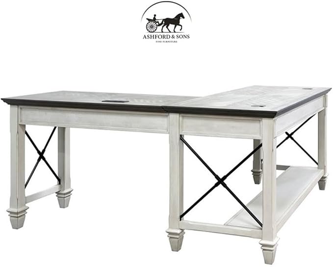 Ashford & Sons Contemporary Wood L-Shaped Desk, 60"W x 28"D x 31"H, Weathered White Finish, Drop-Front Keyboard Drawer, Utility Drawers, Ergonomic Workspace, Durable Home Office Desk for Storage and