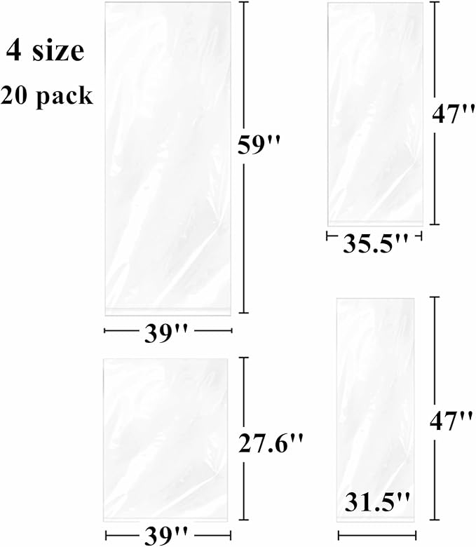 Tebery 20 Pcs Extra Large Plastic Storage Bags, Clear Dustproof Furniture Luggage Covers for Moving, Reusable Heavy Duty Storage Moving Bags for Chair Clothes Suitcase, 4 Size