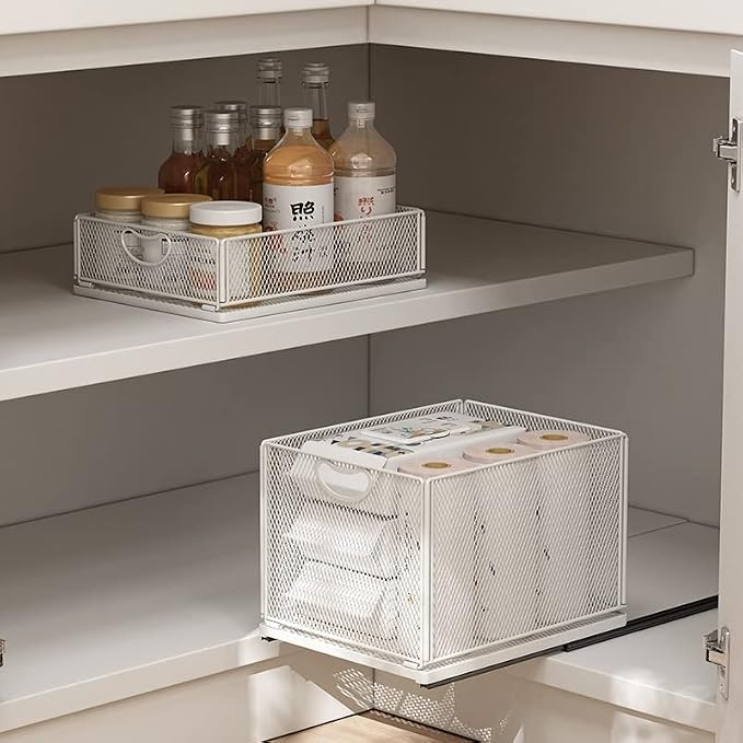 GC Pull out Cabinet Organizer Fixed with Adhesive Nano Film Heavy Duty Slide out Pantry Shelves Drawer Storage under sink organizer Sliding Mesh Cabinet Basket with Handle for Kitchen (Small)