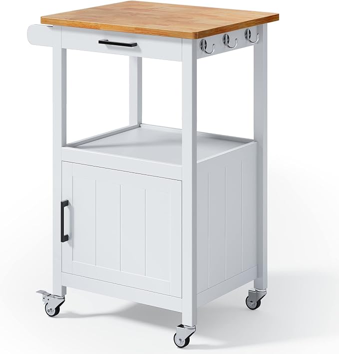 Qsun Rolling Microwave Cart with Storage, White | Microwave cart with wheels, Small Home Coffee Bar, Microwave Stand, Rolling Kitchen Cart with Side Hook