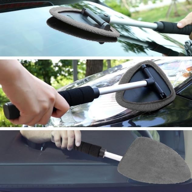 IBHOO Glass Defogger Brush for Car, Microfiber Car Windshield Cleaning Tool with Extendable Handle, with 4 Reusable and Washable Microfiber Pads