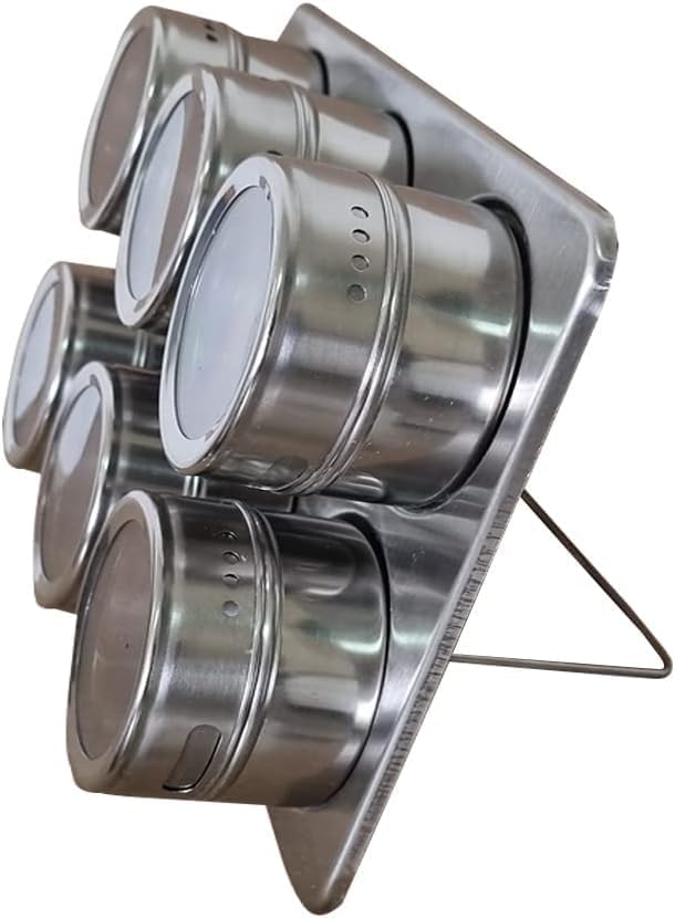 Stainless Steel Magnetic Spice and Condiment Organizer Kit – 6-Piece 75ml (2.5 oz) Seasoning Jars with Adjustable Pour Vents, Leak-Proof Magnetic Holder for Kitchen Countertops or Refrigerator Storage