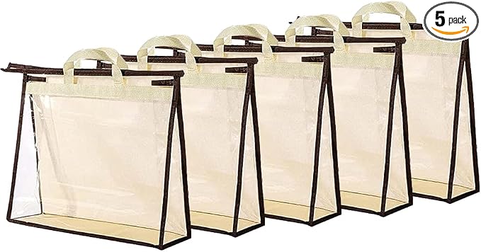 5 PCS Hanging Handbag Storage Organizer Non-Woven Transparent Dust-proof Homewares Purse Wallet Closet Storage Bag with Zipper and Handle (L)