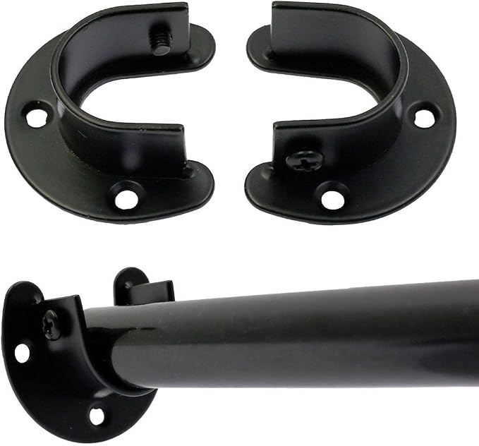 Closet Rod Bracket, 1 Inch Diameter, Black, 4PCS | Heavy Duty, Stainless Steel, U Shaped, Round Rod Socket Flange
