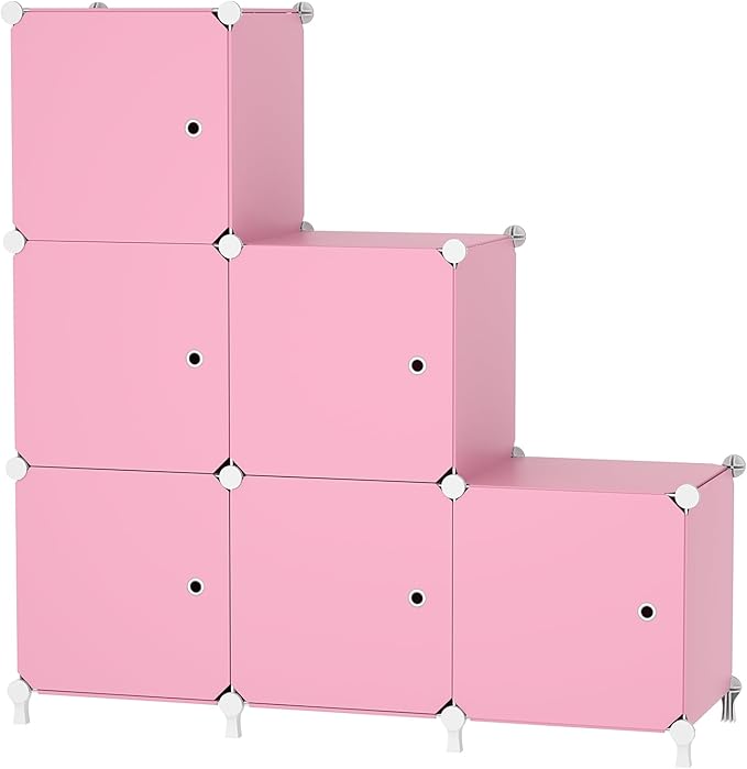 Cube Storage Organizer, 6-Cube Shelves Unit with Doors, DIY Stackable Plastic Clothes Organizer for Bedroom and Under Stairs Storage Unit, Each Compartment 30 x 30 x 30 cm Pink ATTSL6006