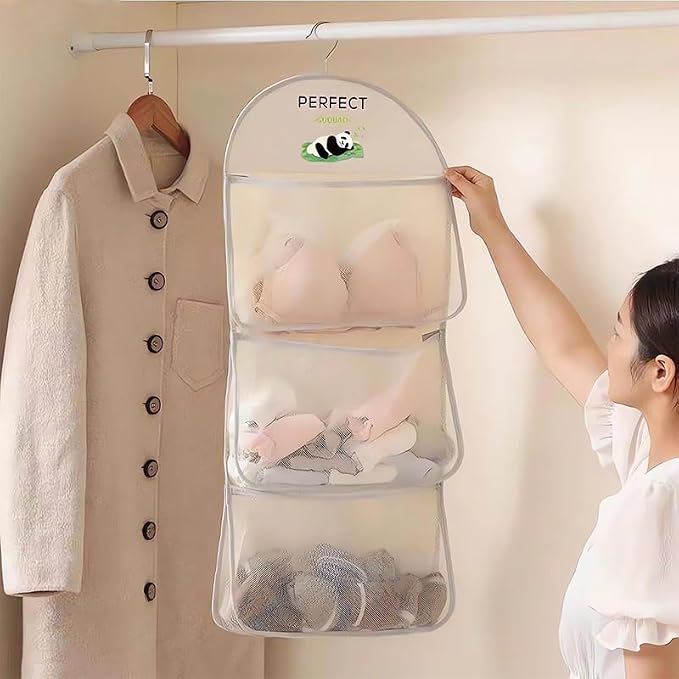 MIUPOO Multi Purpose Multi Layer Mesh Storage Hanging Bag,Hanging Storage with Metal Hanger Mesh Pockets for Bra Underwear Socks,Pockets Hang Store Bag for Door Wall Closet,4Pieces.