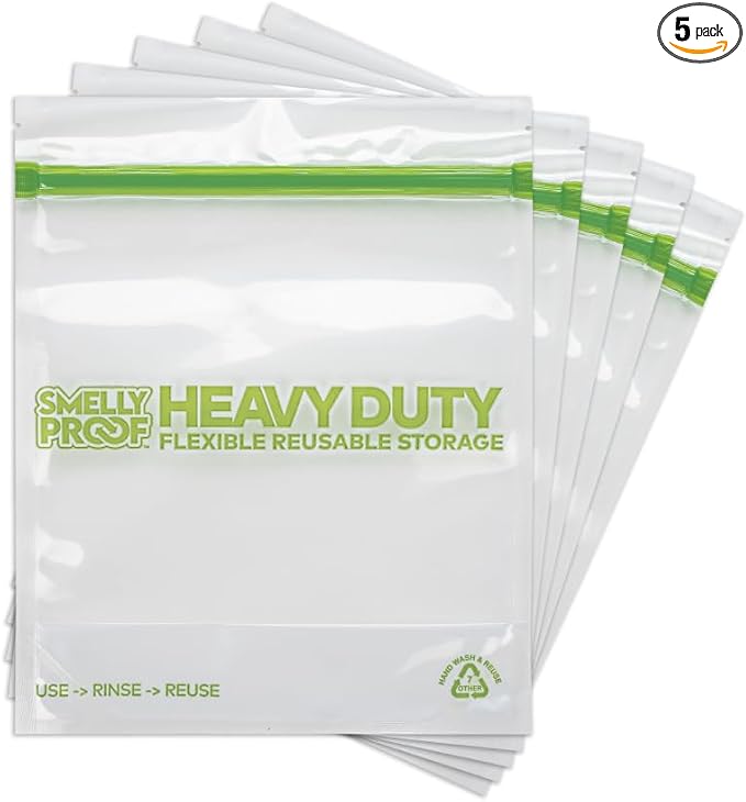 REUSABLE STORAGE BAGS by Smelly Proof, Large HEAVY DUTY 5-mils US-Made BPA FREE, NO PEVA, Dishwasher-Safe Reusable Freezer Bags CLEAR FLAT Quart 10" x 8.5" 5pk