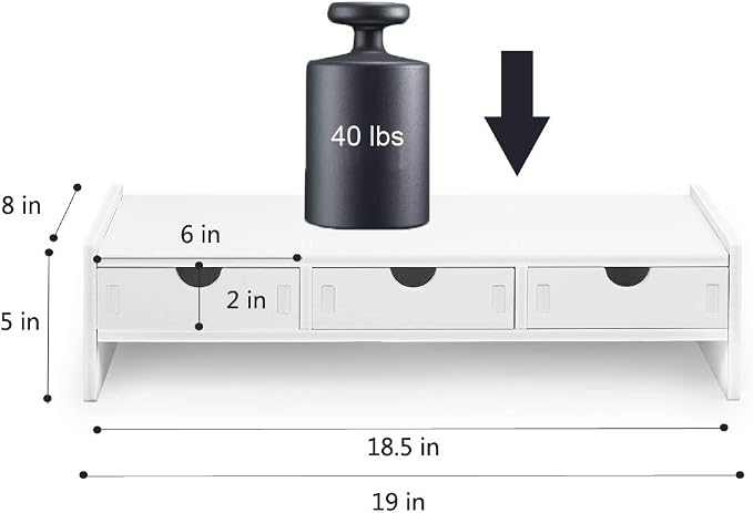 valen Monitor Stand Riser, Computer Laptop Riser Shelf with 3 Organizer Drawers (White, 19.5" L x 7.5" W x 4.7" H) (White)