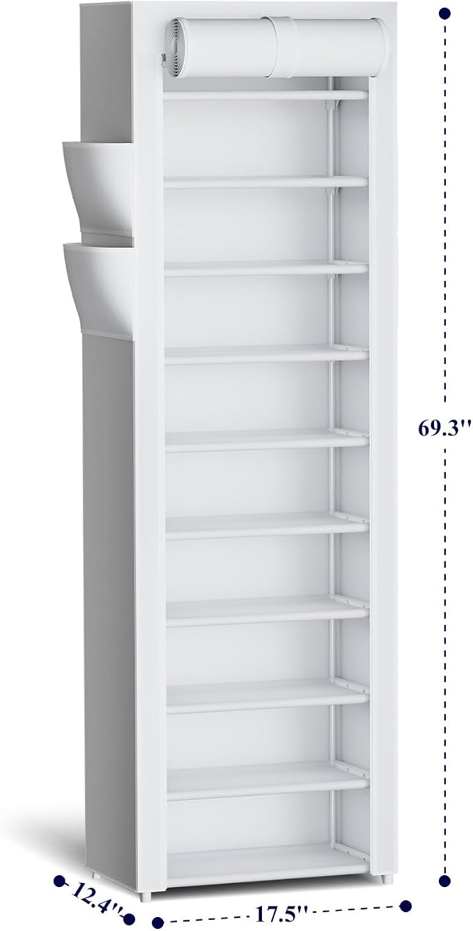 Kitsure Shoe Rack - 10-Tier Large Capacity Shoe Organizer Shelf with Dust Cover & Side Pockets, Rust-Proof Metal Shoe Rack for Closet, Entrance, Living Room, 17.5" x 12.4" x 69.3", White