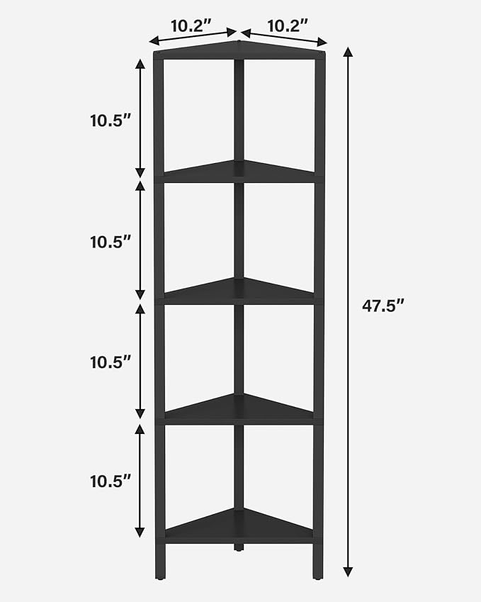 TUTOTAK Corner Shelf, 5-Tier Corner Bookshelf for Small Space, Narrow Display Corner Shelf Stand with Storage Rack, for Living Room, Bedroom, Black BS05BK005