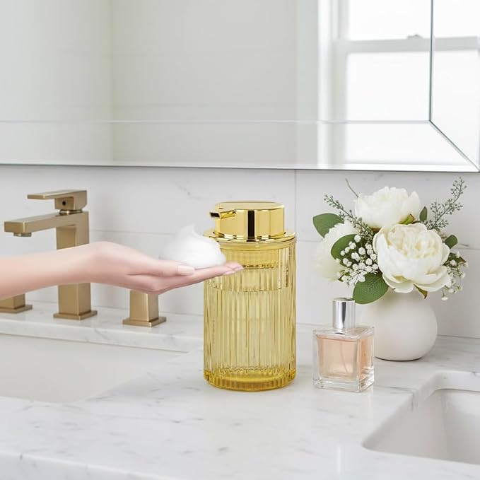 Foaming Soap Dispenser, 12 Oz Amber Glass Foam Hand Soap Dispenser, Refillable Lotion Soap Dispenser with Removable Pump for Kitchen Hand Wash Dispenser, Modern Slim Ribbed Bottle for Decor