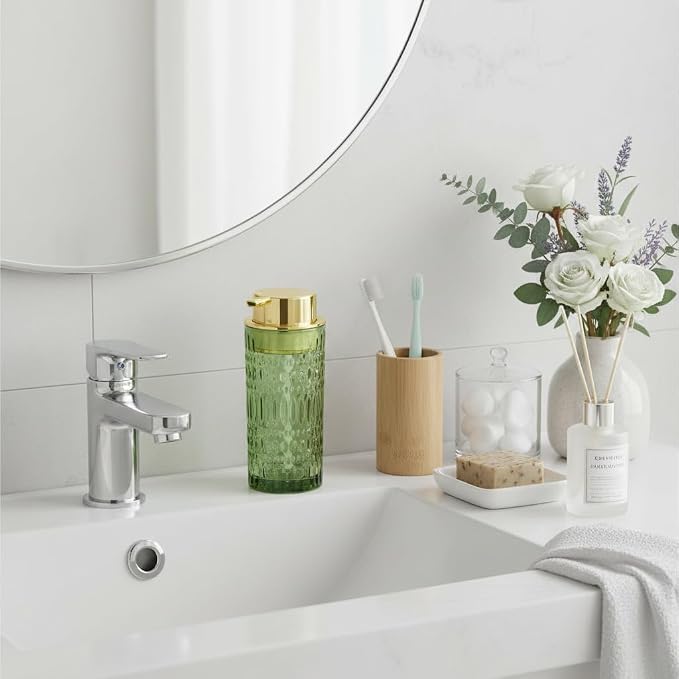 Foaming Soap Dispenser, Bathroom Green Glass Foam Soap Dispenser, Refillable 14 Oz Foam Pump Bottle Container with Gold Pump, Decorative Dish Soap Dispenser for Kitchen