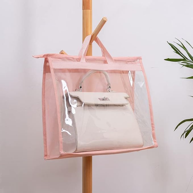 Handbag Dust Bags Clear Purse Storage Organizer for Closet Small to Extra Large Handbags Dust Free Bags Hanging Zipper Storage Bag with Hooks, (Pink, 4 Sizes-4PCS)